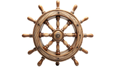 Antique wooden ship steering wheel with rope detail isolated on a transparent background