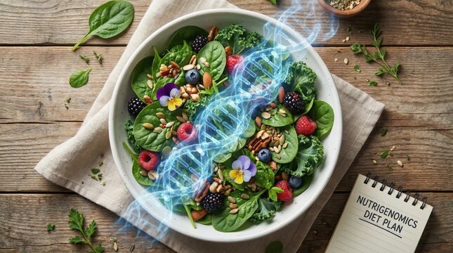 Nutrigenomics Diet Plan with Salad: A vibrant and nutritious salad, artfully composed, symbolizes the synergy of health and science in the context of a nutrigenomics diet plan.