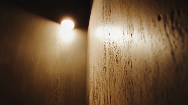Dark corner wall bathed in warm light, revealing rich brown textures and long dramatic shadows for a moody, minimalist abstract background with rustic concrete detail