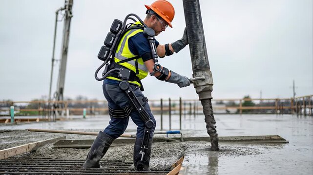 Futuristic construction worker wearing a powered exoskeleton pours wet cement from a pump hose onto a rebar covered foundation, demonstrating the future of advanced building technology