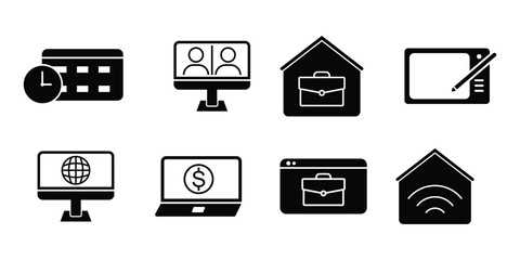 Remote working black Solid icon collection set. Work From Home, Work From Anywhere, Smart Work icon. Solid vector illustration.