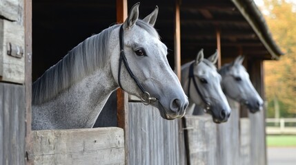 Three Grey Horses in Bridles Looking Out from Wooden Stable Stalls