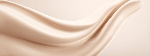 Obraz premium Abstract beige cosmetic cream texture with smooth flowing wave and soft creamy surface. Minimal skincare background for beauty branding, packaging and cosmetic design. banner 