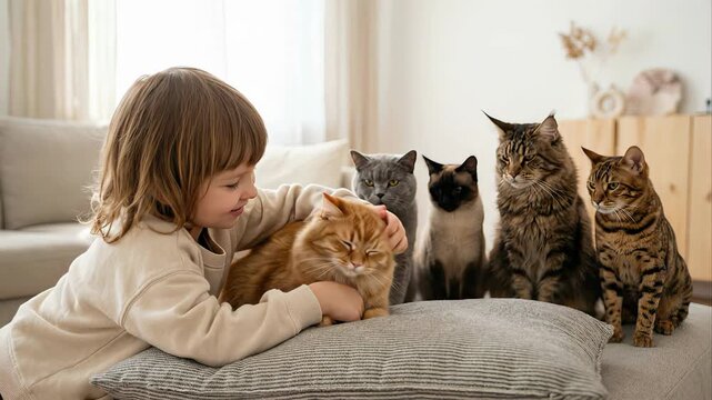 Affectionate little child cuddling and petting a cute ginger cat while lying on a floor pillow at home, with four other different purebred cats sitting patiently in a row beside them