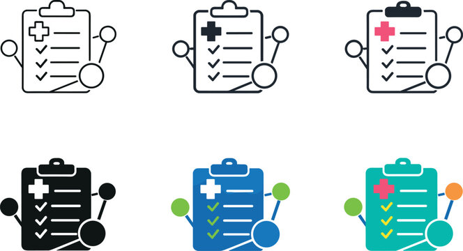 Healthcare coordination symbol showing a clipboard with a checklist, medical cross, and connected circular markers suggesting