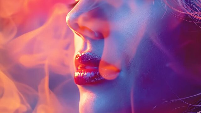 Mysterious female profile exhaling aromatic vapor, vibrant neon light illuminates her delicate face, capturing the allure and profound essence of a fragrant sensory experience.
