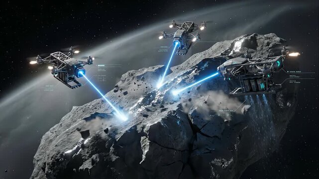 Advanced mining drones flying in deep space, using powerful blue laser beams to extract valuable minerals and resources from the surface of a large asteroid for future colonization