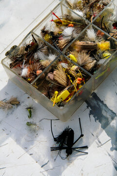 Pecos, New Mexico.  Box of fly fishing lures 