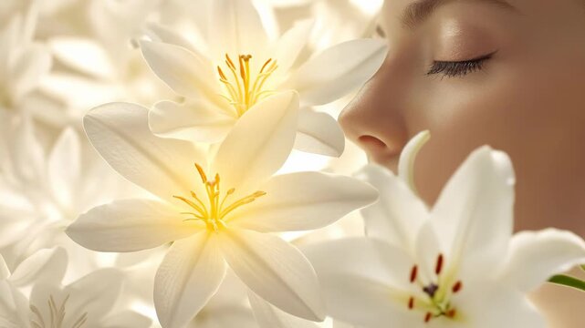 Young woman's serene profile enjoying the exquisite scent of vibrant white lily petals. Her eyes closed, appreciating nature's delicate perfume.