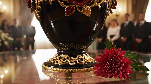 Black and gold cinerary urn containing the ashes of a loved one resting on a table during a funeral service, with grieving family members standing in the blurred background of the ceremony hall