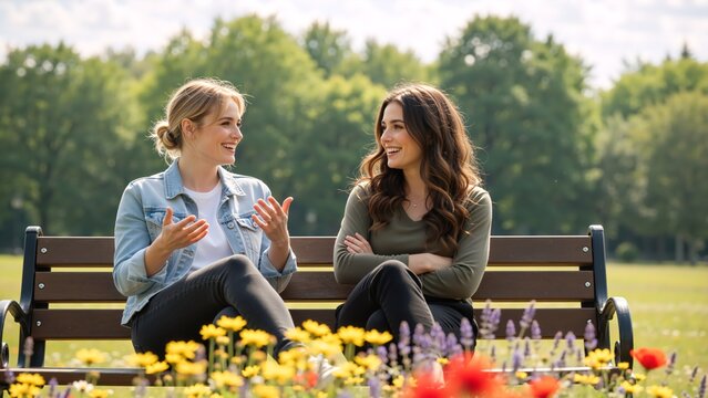 Two young women friends talking and smiling on a park bench. Happy female couple having a friendly conversation outdoors on a sunny day