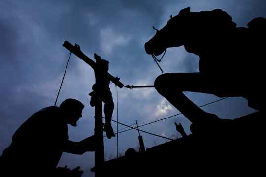 Antigua, Guatemala. Holy week processions. Float with Jesus on the cross 