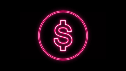 Obraz premium Bright Pink Neon Dollar Sign Icon Glowing on Dark Background – Digital Finance and Economy Concept