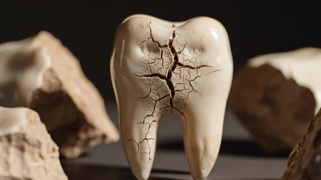 Cracked tooth model with pieces on dark surface