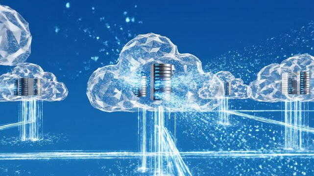 Futuristic Cloud Computing Network Server Racks Data Transfer Digital Transformation Technology Abstract Network Connection Global Data Flow