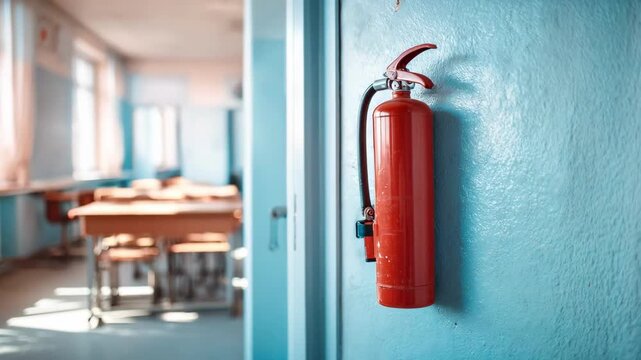 Inspection of a fire extinguisher mounted near the fire alarm system in a classroom setting with soft focus on the surrounding space to emphasize preparedness measures.