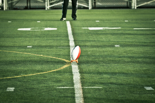 Brooklyn, New York.  Football positioned on the 40 yard line ready for kick off. 