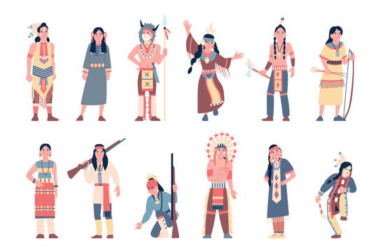 American indian characters. Tribal indian wearing national traditional costumes and accessories with beads and feathers. North america aborigens, recent vector set