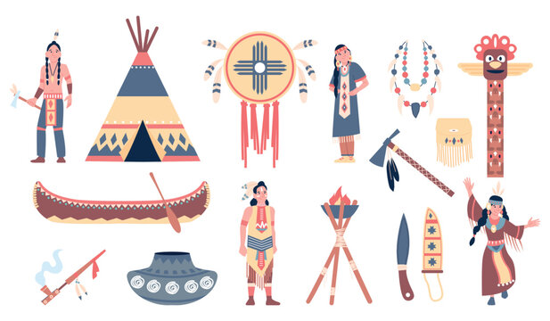 Flat american indian items. Traditional clothing elements, tribal accessories with feathers and beads. Ethnic household, tools of labor, wigwam and canoe, recent vector set
