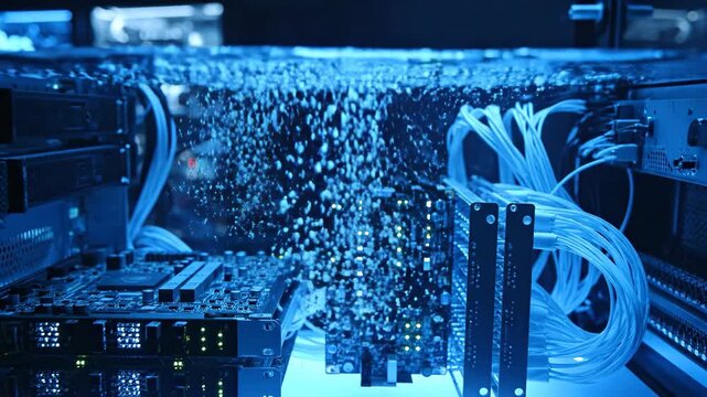 Futuristic liquid cooled server rack with glowing blue lights and bubbling water immersion cooling technology for advanced data center innovation and high performance computing