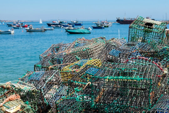 Cascais, Portugal, Europe.Metal crates used for catching shell fish
