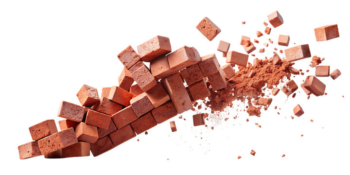 Falling red bricks mid air collision studio light isolated on a transparent background falling bricks