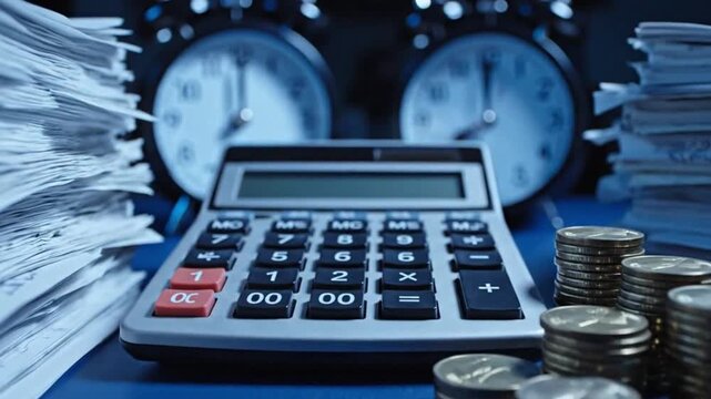 Stacks of paperwork and coins on a blue desk with a calculator and clocks in the background representing financial work and deadlines