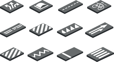 Isometric Road Marking Icons. Isometric vector icons of road marking symbols: arrow variants, speed hump marking, lane divider