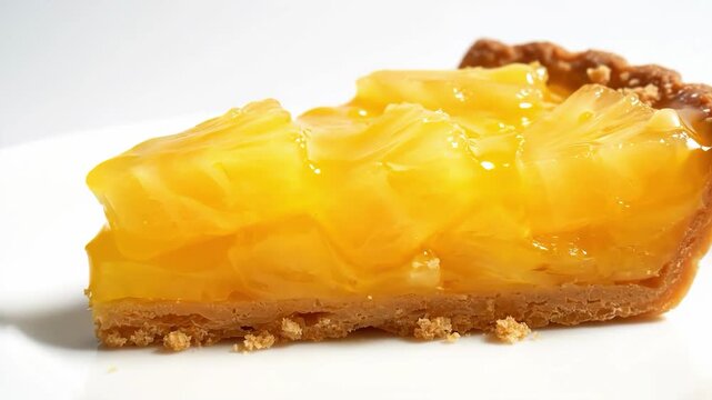 A slice of pineapple tart on a white plate with a golden crust