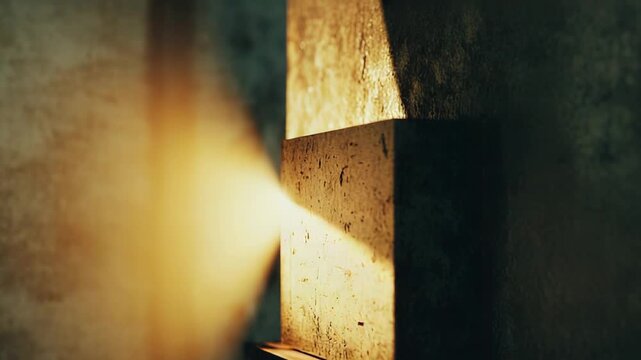 Glowing light beam casts strong shadows across a textured concrete block within a rugged, industrial architectural interior, creating dramatic contrast and an abstract visual