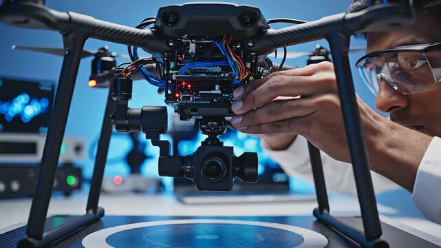 Close up of a specialist engineer's hands assembling and testing a complex carbon fiber quadcopter drone with a camera, working on its electronics in a modern research laboratory setting