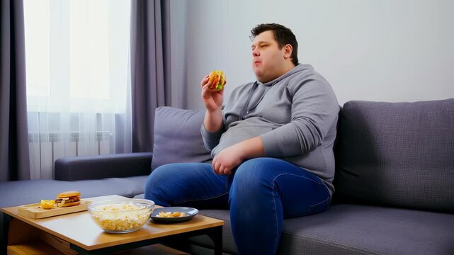 Obese man sitting on a sofa and eating a hamburger and other junk food, including popcorn and snacks, while watching television in his living room, leading to an unhealthy lifestyle