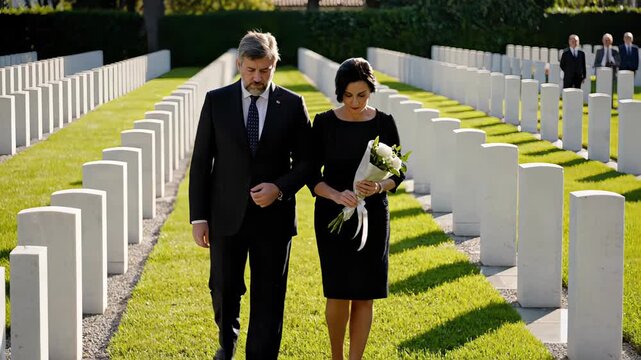 Somber couple in formal black attire walking slowly with a bouquet of white flowers through rows of headstones at a military cemetery, paying their respects to fallen soldiers