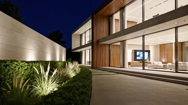 A magnificent ultra-luxury modern mansion illuminated at night, featuring contemporary architecture with large windows, lush landscaping, and a welcoming ambiance