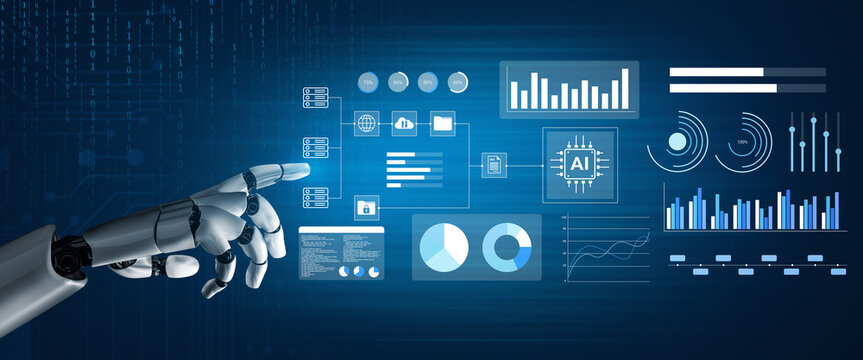 A futuristic robotic hand engages with digital data visuals, showcasing the integration of AI technology and modern data analytics in a virtual environment. Gantry