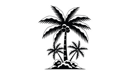 Fototapeta premium A black and white illustration depicting three palm trees on a small island