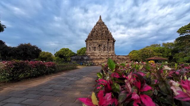 Indonesia, August 13, 2025: Bubra Temple at sunset, a 9th-century Buddhist temple located within the Prambanan Temple Archaeological Park complex. Central Java. UNESCO. 4K