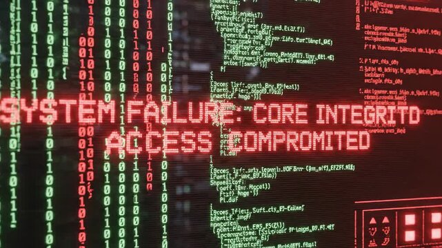 System Failure Core Integrity Access Compromised Red Glitch Digital Code Screen Display Cyber Attack Threat Alert