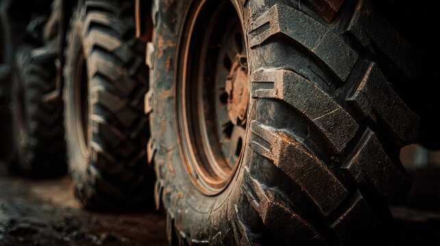 A close-up view of rugged tractor tires with deep treads and rusty rims on a dark background