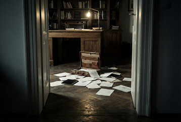 A moody scene of a ransacked vintage study or office at night. Papers are scattered on the floor from an open case in front of a writer's desk.