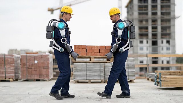 Two male builders in professional exoskeletons working together to carry a heavy pallet of bricks at a construction site, showcasing the future of manual labor and industrial robotics