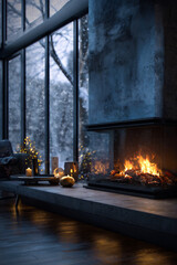 Fototapeta premium cozy modern christmas fireplace, warm holiday interior with snow, minimal winter livingroom design