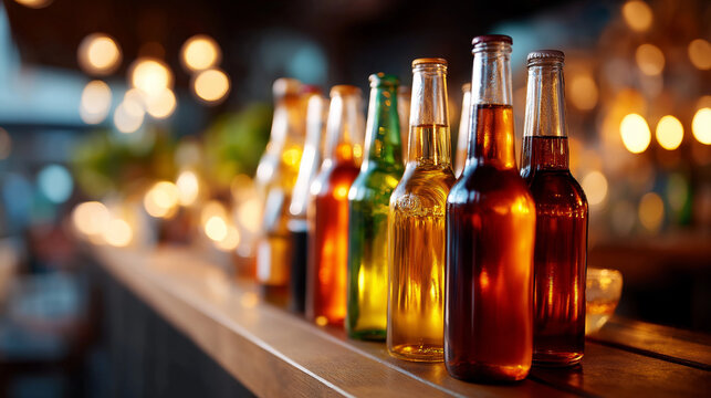 Row of assorted alcoholic bottles on bar counter, beverage selection, nightlife atmosphere, bar setting, drink variety, defocused hospitality background, with copy space