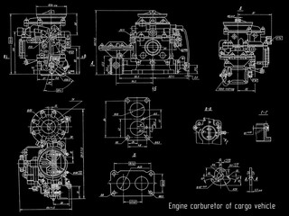 Obraz premium Engine carburetor of cargo vehicle. Engineering mechanical drawing of automotive device. Industrial cad scheme on paper sheet. Technology design of machine building industry. Machined template.