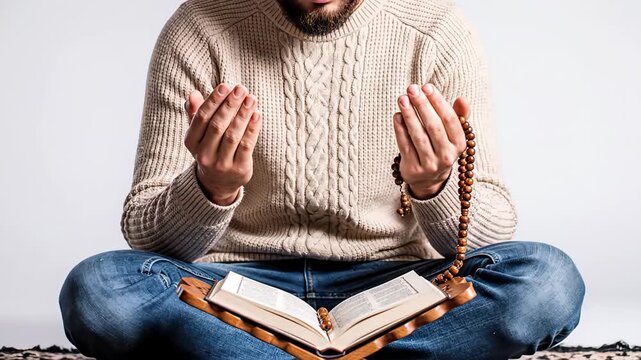 Devout muslim man sitting on a prayer rug while reading the holy quran and holding rosary beads. Practicing his faith with deep concentration and devotion. Isolated on a white background studio shot