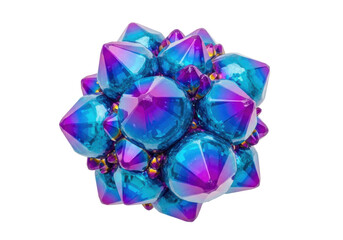 Vibrant, detailed crystalline structures with iridescent blue-purple gradient, glossy, reflective, on transparent background, high angle, studio lit, concept of scientific elegance and abstract art