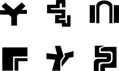 Fototapeta premium Solid vector icons of labyrinthine city zones: branching alley forks, unpredictable passages, claustrophobic route lines; narrow