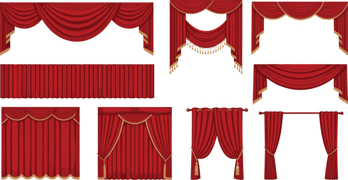 Luxurious red stage curtains and theater drapes set with gold tassels