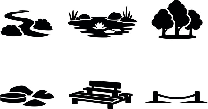 Solid vector icons of tranquil park environments: winding garden trail, reflective pond edge, low sculptural forms; tree cluster,
