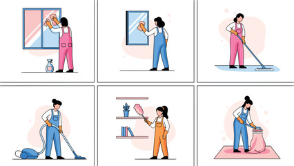Professional cleaning service women performing various household chores set